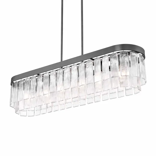 Bring Glam elegance into your home with the Golden Lighting Ciara 6-light Island Light in Matte Black. Featuring a glass shade and a Matte Black frame, it creates an impressive atmosphere. The exquisite hammered water glass shade celebrates elemental beauty, providing a beautifully distorted light effect. Each piece captures the dynamic essence of water, meticulously crafted to create intricate patterns and glows. The sleek Matte Black finish embodies clean, modern style, offering versatility that fits any decor. Tailored for kitchen islands, this damp location rated fixture can be easily installed as a semi-flush mount or pendant with adjustable height tailored for your space. Overall dimensions are 42"W x 10"H x 10"D, requiring 6 E26 medium base bulbs (not included) with a maximum wattage of 60 per bulb. Transform your kitchen ambiance with superior quality and stunning design from the Ciara collection.