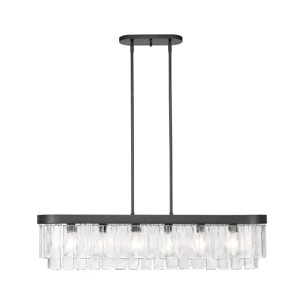 Bring Glam elegance into your home with the Golden Lighting Ciara 6-light Island Light in Matte Black. Featuring a glass shade and a Matte Black frame, it creates an impressive atmosphere. The exquisite hammered water glass shade celebrates elemental beauty, providing a beautifully distorted light effect. Each piece captures the dynamic essence of water, meticulously crafted to create intricate patterns and glows. The sleek Matte Black finish embodies clean, modern style, offering versatility that fits any decor. Tailored for kitchen islands, this damp location rated fixture can be easily installed as a semi-flush mount or pendant with adjustable height tailored for your space. Overall dimensions are 42"W x 10"H x 10"D, requiring 6 E26 medium base bulbs (not included) with a maximum wattage of 60 per bulb. Transform your kitchen ambiance with superior quality and stunning design from the Ciara collection. - alternate view