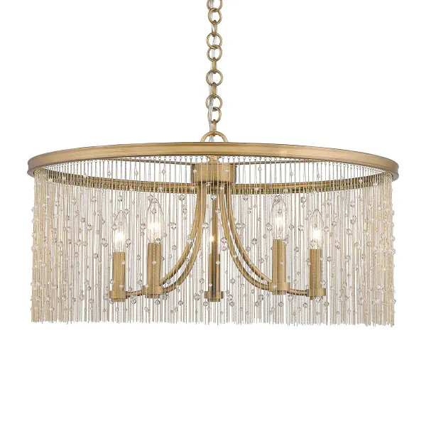 The Marilyn chandelier captivates with its shimmering beaded chain fringe and hand-brushed Peruvian Gold finish. This convertible fixture offers installation flexibility as either a semi-flush mount or pendant, making it perfect for spaces with varying ceiling heights.
