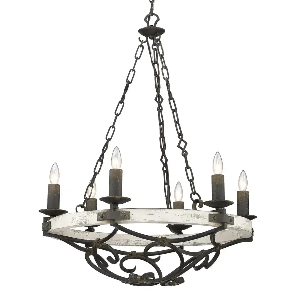 The Madera chandelier combines traditional candelabra styling with a rugged antique black iron finish that reveals hints of antiqued gold beneath. Its substantial 28-inch width and adjustable height make it versatile for various ceiling heights.