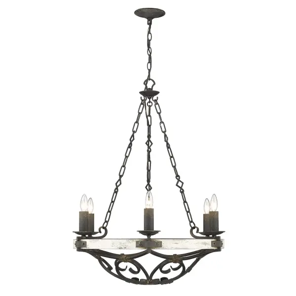 The Madera chandelier combines traditional candelabra styling with a rugged antique black iron finish that reveals hints of antiqued gold beneath. Its substantial 28-inch width and adjustable height make it versatile for various ceiling heights. - alternate view