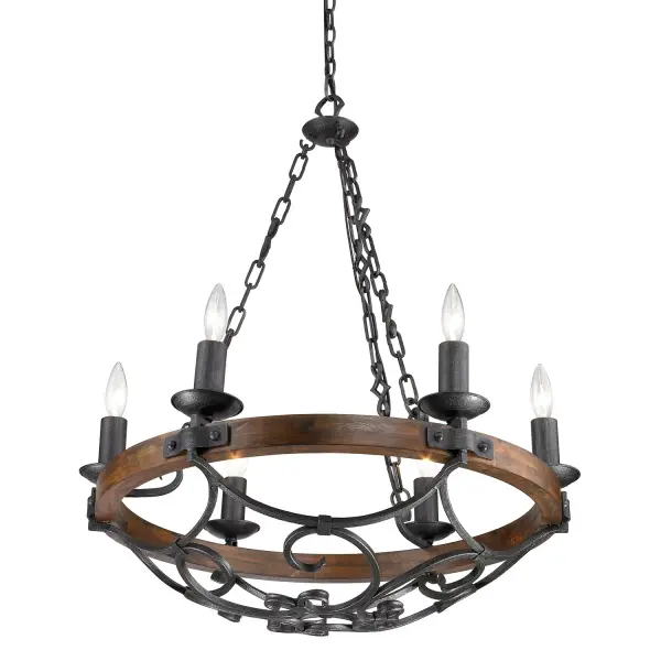 Bring traditional elegance into your home with the Wry Lighting Madera 6-light Chandelier. Featuring ornate European-inspired scrollwork, it creates a welcoming atmosphere. Its rugged Black Iron finish showcases a matte black amidst silvery-white spattering, enhancing the rustic authenticity of the design. Perfect for making a grand impression in dining rooms and foyers or elevating bedrooms and living spaces, this chandelier is dry location rated for indoor areas free from moisture. Sloped-ceiling compatible with adjustable height from 34.75" to 106.75", it requires 6 E12 candelabra base bulbs (not included), with a maximum wattage of 60 per bulb. Its overall dimensions are 28.25"W x 33.5"H x 28.25"D. The Madera Chandelier is an exceptional choice, blending classic design with a touch of rustic charm. Collection: Madera Rooms: Kitchen,Foyer,Living,Bedroom Finish: Black Iron Glass: Rustic Oak Wood Notes: Made with Oak Wood Width: 28.25" Height: 33.50" Length: 28.25" Weight: 12.76 lb Extension from Wall: 28.25" Chain: 6` Wire: 10` Canopy: 5.5"W x 5.5"H x 1.25"D Number of Bulbs: 6 Maximum Wattage: 60.00 W Bulb Type: CA10 Bulb Base: E12 Light Source: Incandescent Dimmable Voltage: 120.00 V Material: Steel, Wood Country of Origin: China Safety Listing: ETL Safety Rating: Dry Connection: Hardware Manufacturer Warranty: 1 Year Limited Instructions Parts Diagram - alternate view