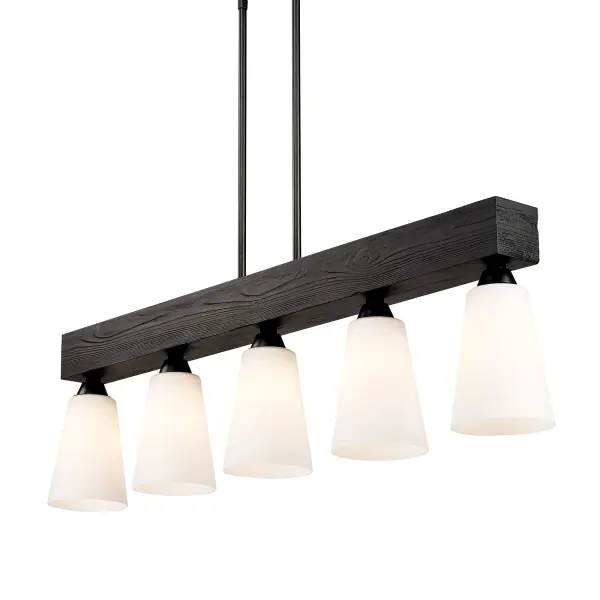 Bring modern sophistication into your home with the Wry Lighting Neela 5-light Island Light in Matte Black. Featuring opal glass shades and a matte black frame, it creates a welcoming atmosphere. Each opal glass shade is designed to diffuse light evenly for a soft, glare-free glow, providing a timeless and elegant ambiance. The matte black finish is both versatile and smooth to the touch, complementing various decor styles from minimalist to bold contemporary. Tailored for kitchen islands, this elegant fixture is dry location rated, making it ideal for indoor spaces such as living rooms and hallways. The light is sloped-ceiling compatible and has an adjustable height of 14.375" to 56.375", ensuring a perfect fit for your space. Overall dimensions are 41.63"W x 11.75"H x 5.38"D, and it requires 5 E26 medium base bulbs (not included), with a maximum wattage of 60 per bulb. Elevate your kitchen with this blend of style and quality, making a striking statement in your home. Collection: Neela Finish: Matte Black Glass: Opal Glass Width: 41.63" Height: 11.75" Length: 5.38" Weight: 16.54 lb Extension from Wall: 5.38" Canopy: 7.88"W x 4.75"H x 0.75"D Number of Bulbs: 5 Maximum Wattage: 60.00 W Bulb Type: A19 Bulb Base: E26 Light Source: Incandescent Dimmable Voltage: 120.00 V Country of Origin: China Safety Listing: ETL Manufacturer Warranty: 1 Year Limited