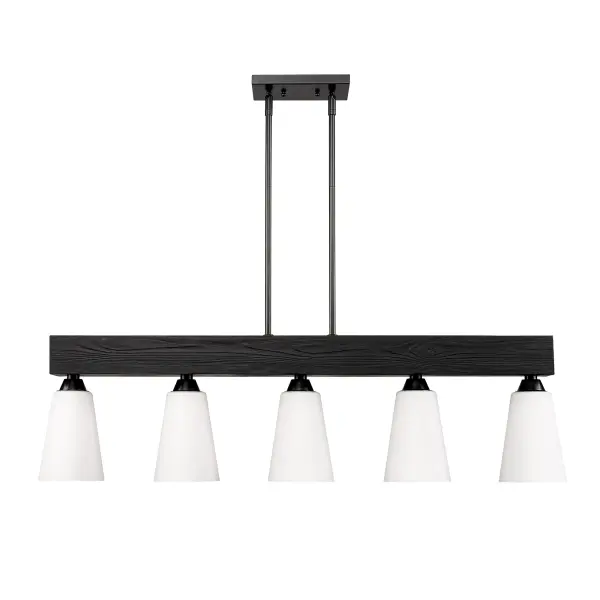 Bring modern sophistication into your home with the Wry Lighting Neela 5-light Island Light in Matte Black. Featuring opal glass shades and a matte black frame, it creates a welcoming atmosphere. Each opal glass shade is designed to diffuse light evenly for a soft, glare-free glow, providing a timeless and elegant ambiance. The matte black finish is both versatile and smooth to the touch, complementing various decor styles from minimalist to bold contemporary. Tailored for kitchen islands, this elegant fixture is dry location rated, making it ideal for indoor spaces such as living rooms and hallways. The light is sloped-ceiling compatible and has an adjustable height of 14.375" to 56.375", ensuring a perfect fit for your space. Overall dimensions are 41.63"W x 11.75"H x 5.38"D, and it requires 5 E26 medium base bulbs (not included), with a maximum wattage of 60 per bulb. Elevate your kitchen with this blend of style and quality, making a striking statement in your home. Collection: Neela Finish: Matte Black Glass: Opal Glass Width: 41.63" Height: 11.75" Length: 5.38" Weight: 16.54 lb Extension from Wall: 5.38" Canopy: 7.88"W x 4.75"H x 0.75"D Number of Bulbs: 5 Maximum Wattage: 60.00 W Bulb Type: A19 Bulb Base: E26 Light Source: Incandescent Dimmable Voltage: 120.00 V Country of Origin: China Safety Listing: ETL Manufacturer Warranty: 1 Year Limited - alternate view