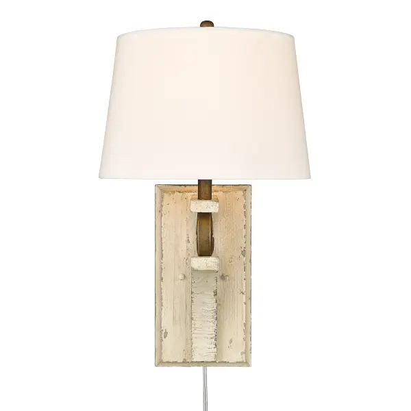 The Solay wall sconce combines rich burnished chestnut finish with antique gold accents and a soft ivory linen shade. Its plug-in design eliminates hardwiring, making it perfect for renters or quick installations. - alternate view