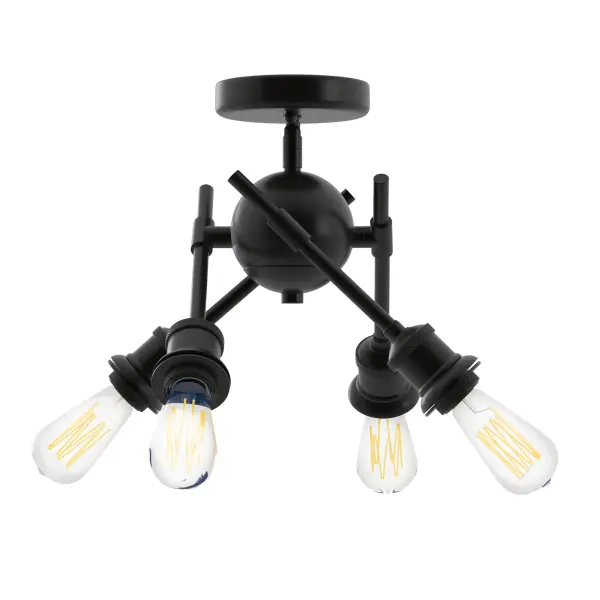 Bring Mid-Century Modern elegance into your home with the Wry Lighting Axel 4-light Semi-Flush Mount in Matte Black. Featuring a minimalist design with a deep black finish, it creates a welcoming atmosphere. Designed with an open frame, this fixture draws attention to the beauty of the bulbs. The Matte Black finish offers a smooth and sophisticated surface that complements contemporary decor seamlessly. Rated for damp locations, this versatile fixture is perfect for entryways, bedrooms, kitchens, and living areas with mid-height ceilings. The adjustable directional heads allow you to highlight specific areas or objects with ease. Overall Dimensions: 6.5"W x 11.38"H x 6.5"D. Requires 4 E26 Medium base bulbs (not included). Max 60 wattage per bulb. Perfect for those who appreciate chic, modern aesthetics and quality, this fixture serves as a stylish focal point in any room. Collection: Axel Rooms: Kitchen,Foyer,Living,Bedroom Finish: Matte Black Glass: No Shade Notes: not convertible, has swivel, can be mounted on sloped-ceiling, arms moveable Width: 6.50" Height: 11.38" Length: 7.63" Weight: 2.56 lb Extension from Wall: 6.50" Wire: 8`` Canopy: 4.75"W x 4.75"H x 0.75"D Number of Bulbs: 4 Maximum Wattage: 60.00 W Bulb Type: A19 Bulb Base: E26 Light Source: Incandescent Dimmable Voltage: 120.00 V Material: Steel Country of Origin: China Safety Listing: ETL Safety Rating: Damp Connection: Hardware Manufacturer Warranty: 1 Year Limited Instructions Parts Diagram