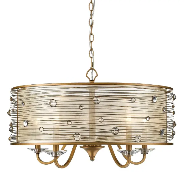 The Joia 5-Light Chandelier combines glamorous elegance with practical versatility. Its sheer filigree mist fabric shade creates a warm, diffused glow while the hand-brushed Peruvian Gold finish adds heirloom charm and sophistication.