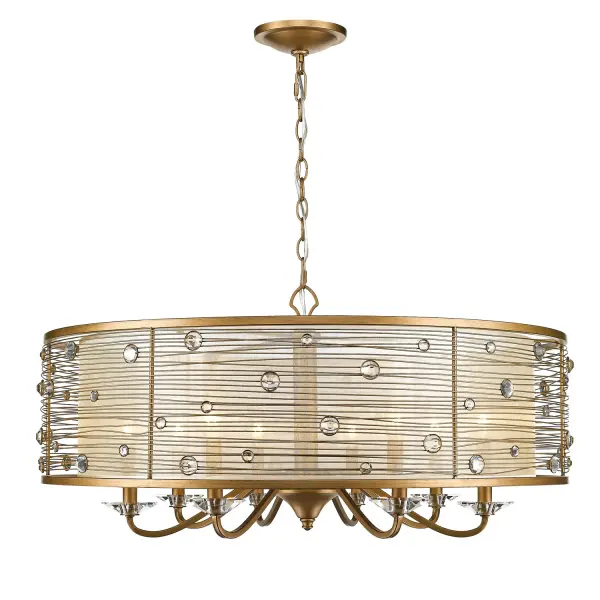 The Joia 8-light chandelier combines sophisticated glamour with warm functionality. Its sheer filigree fabric shade diffuses light beautifully while the hand-brushed Peruvian Gold finish adds rustic elegance and timeless charm to any interior space.