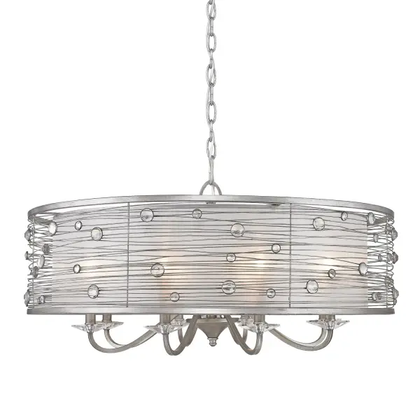 The Joia chandelier combines glamorous silver finish with leaded crystal accents and a Sterling Mist fabric shade. Its 33.5-inch width makes it perfect for medium to large dining rooms, while the adjustable height accommodates various ceiling configurations.