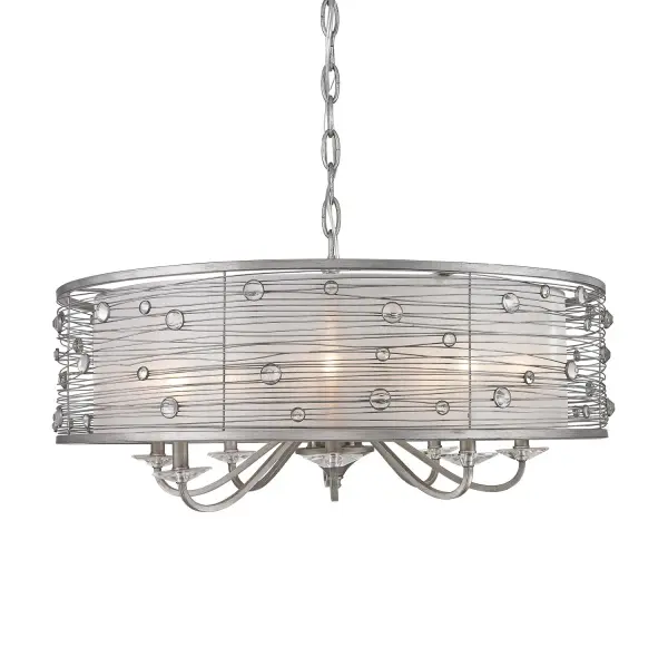 The Joia chandelier combines glamorous silver finish with leaded crystal accents and a Sterling Mist fabric shade. Its 33.5-inch width makes it perfect for medium to large dining rooms, while the adjustable height accommodates various ceiling configurations. - alternate view