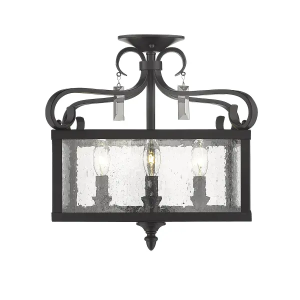 The Valencia 4-Light Semi-Flush combines traditional elegance with modern versatility. Its seeded glass shade creates vintage sparkle while the matte black finish offers contemporary appeal. Convertible to pendant style.