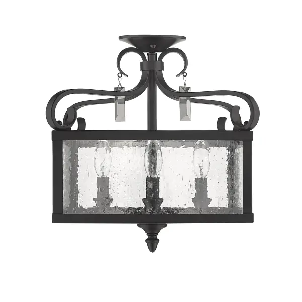 The Valencia 4-Light Semi-Flush combines traditional elegance with modern versatility. Its seeded glass shade creates vintage sparkle while the matte black finish offers contemporary appeal. Convertible to pendant style. - alternate view