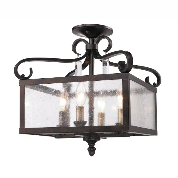 The Valencia semi-flush mount combines traditional elegance with rustic charm through its seeded glass shade and Fired Bronze finish. Clear faceted crystal rectangles add sparkle, while the metal cage design allows light to shine downward. Convertible mounting accommodates sloped or flat ceilings.