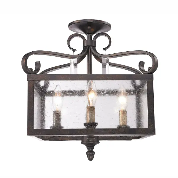 The Valencia semi-flush mount combines traditional elegance with rustic charm through its seeded glass shade and Fired Bronze finish. Clear faceted crystal rectangles add sparkle, while the metal cage design allows light to shine downward. Convertible mounting accommodates sloped or flat ceilings. - alternate view