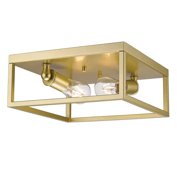 The Wesson flush mount combines industrial cage design with a sophisticated Olympic Gold finish, perfect for low-ceiling spaces. Its open metal structure showcases exposed bulbs while the soft gold hue adds warmth and contemporary style.