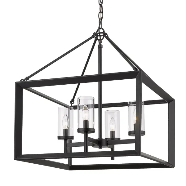 The Smyth 4-Light Chandelier combines clean modern lines with timeless appeal. Its matte black finish and clear glass shades create a sophisticated look that works across multiple design styles, from minimalist to contemporary.