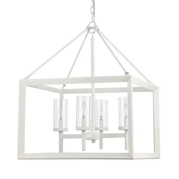 The Smyth 4-Light Chandelier combines modern farmhouse charm with practical versatility. Its natural white finish and clear glass shades deliver bright, unobstructed light while the adjustable height accommodates various ceiling configurations.