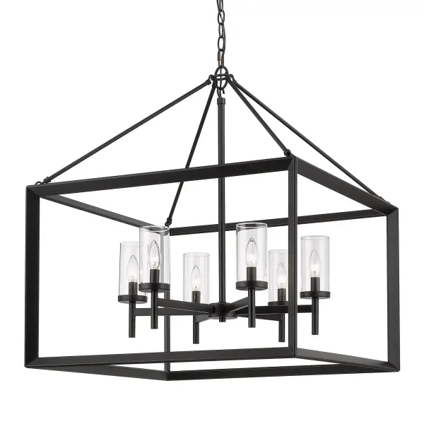 The Golden Lighting Smyth chandelier combines contemporary elegance with versatile design. Its matte black frame and clear glass shades create a striking focal point while providing bright, unobstructed illumination for dining rooms and entryways.