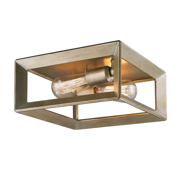 The Smyth 2-Light Flush Mount combines clean geometric lines with a sophisticated White Gold finish featuring soft patina and rustic brushed texture. Perfect for low ceilings and damp-rated spaces.