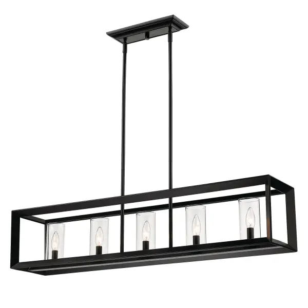 The Golden Lighting Smyth combines sleek matte black framing with clear glass shades for a sophisticated look that bridges contemporary and industrial styles. Its convertible design and adjustable height make it highly adaptable.