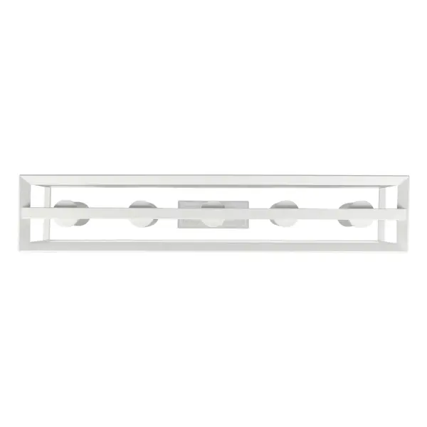 The Smyth 5-Light Island Light combines modern farmhouse charm with transitional elegance. Its Natural White finish and clear glass shades create a fresh, understated look that complements diverse decor styles while providing functional task lighting. - alternate view