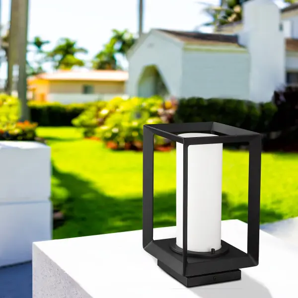 The Golden Lighting Smyth pier mount combines classic styling with modern durability. Its opal glass shade provides soft, diffused illumination while the Natural Black finish offers versatile appeal for any outdoor setting. - alternate view
