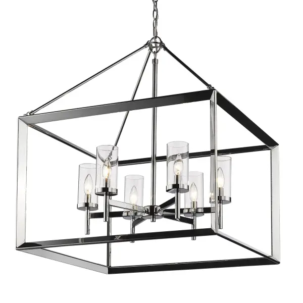The Smyth chandelier combines polished chrome with clear glass shades for a clean, versatile look that works across traditional and contemporary interiors. Its 26-inch width makes it ideal for medium dining spaces.