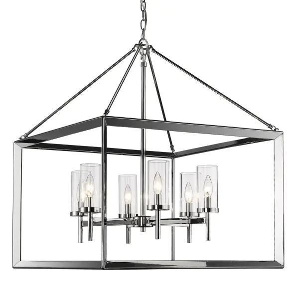 The Smyth chandelier combines polished chrome with clear glass shades for a clean, versatile look that works across traditional and contemporary interiors. Its 26-inch width makes it ideal for medium dining spaces. - alternate view