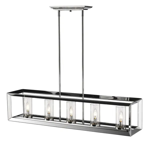 The Golden Lighting Smyth brings contemporary elegance to kitchen islands with its polished chrome frame and clear glass shades. The convertible design allows installation as either a pendant or semi-flush mount with adjustable height. - alternate view