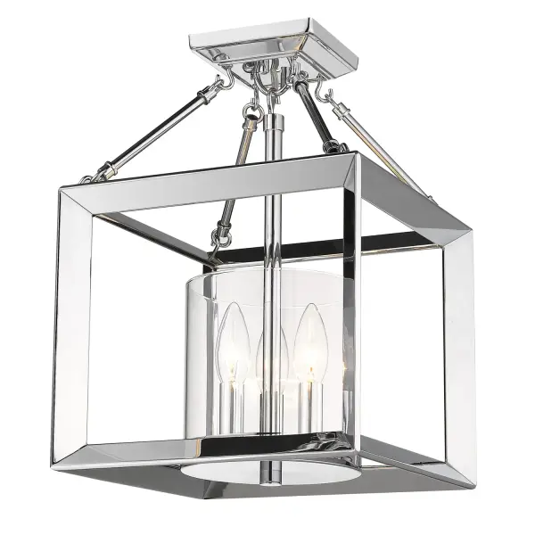 The Smyth semi-flush mount combines polished chrome with clear glass shades for a clean, transitional look. Its compact 11.75" width and damp rating make it ideal for mid-height ceilings in kitchens, bedrooms, and entryways.