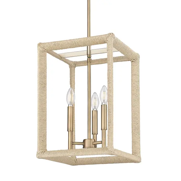 Bring Coastal elegance into your home with the Wry Lighting Kimber 3-light Pendant. Featuring an open, airy structure wrapped in natural rattan, it creates a relaxed atmosphere. No shade adds to its textural appeal, allowing light to flow freely through the frame. The Modern Brass finish is the epitome of understated elegance, offering a muted hue that beautifully diffuses light, creating a warm and inviting glow. Ideal for indoor spaces not subject to moisture, this fixture is perfect for bedrooms, living rooms, and hallways. It is easily adjustable in height—ranging from 21.5" to 63.5"—and is compatible with sloped ceilings, ensuring it fits seamlessly into your decor. Overall dimensions are 12.38"W x 18.63"H x 12.38"D, and it requires 3 E12 Candelabra base bulbs (not included) with a maximum wattage of 60 per bulb. Enhance your space with this stylish yet functional light fixture, crafted with attention to detail and quality. Collection: Kimber Finish: Modern Brass Width: 12.38" Height: 18.63" Weight: 9.37 lb Extension from Wall: 12.38" Canopy: 5"W x 5"H x 1.13"D Number of Bulbs: 3 Maximum Wattage: 60.00 W Bulb Type: CA10 Bulb Base: E12 Light Source: Incandescent Dimmable Voltage: 120.00 V Country of Origin: China Safety Listing: ETL Manufacturer Warranty: 1 Year Limited