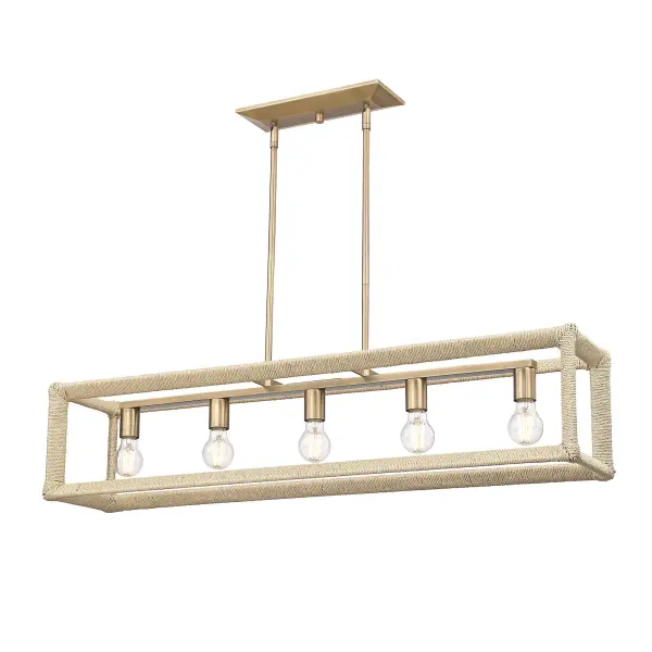 Bring Coastal elegance into your kitchen with the Wry Lighting Kimber 5-light Island Light. Its open-frame design wrapped in natural rattan creates an airy atmosphere, perfect for modern spaces. With no shade, the light shines freely, enhancing the design's organic texture and inviting glow. The Modern Brass finish embodies understated elegance, providing a muted hue that beautifully diffuses the light, making it warm and welcoming. Suitable for indoor spaces not subject to moisture, this fixture is tailored for kitchen islands, delivering both utility and style. It's sloped-ceiling compatible and features adjustable height options, ranging from 17.5" to 53.5", allowing for a customized installation. Overall dimensions are 41.25"W x 9.13"H x 8.63"D, and it requires 5 E26 Medium base bulbs (not included) with a maximum wattage of 60 per bulb. Enhance your space with this functional yet beautiful light fixture, designed with both quality and lifestyle in mind. Collection: Kimber Finish: Modern Brass Width: 41.25" Height: 9.13" Weight: 14.21 lb Extension from Wall: 8.63" Canopy: 12"W x 4.75"H x 0.75"D Number of Bulbs: 5 Maximum Wattage: 60.00 W Bulb Type: A19 Bulb Base: E26 Light Source: Incandescent Dimmable Voltage: 120.00 V Country of Origin: China Safety Listing: ETL Manufacturer Warranty: 1 Year Limited