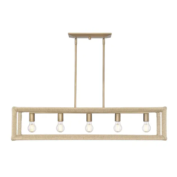 Bring Coastal elegance into your kitchen with the Wry Lighting Kimber 5-light Island Light. Its open-frame design wrapped in natural rattan creates an airy atmosphere, perfect for modern spaces. With no shade, the light shines freely, enhancing the design's organic texture and inviting glow. The Modern Brass finish embodies understated elegance, providing a muted hue that beautifully diffuses the light, making it warm and welcoming. Suitable for indoor spaces not subject to moisture, this fixture is tailored for kitchen islands, delivering both utility and style. It's sloped-ceiling compatible and features adjustable height options, ranging from 17.5" to 53.5", allowing for a customized installation. Overall dimensions are 41.25"W x 9.13"H x 8.63"D, and it requires 5 E26 Medium base bulbs (not included) with a maximum wattage of 60 per bulb. Enhance your space with this functional yet beautiful light fixture, designed with both quality and lifestyle in mind. Collection: Kimber Finish: Modern Brass Width: 41.25" Height: 9.13" Weight: 14.21 lb Extension from Wall: 8.63" Canopy: 12"W x 4.75"H x 0.75"D Number of Bulbs: 5 Maximum Wattage: 60.00 W Bulb Type: A19 Bulb Base: E26 Light Source: Incandescent Dimmable Voltage: 120.00 V Country of Origin: China Safety Listing: ETL Manufacturer Warranty: 1 Year Limited - alternate view