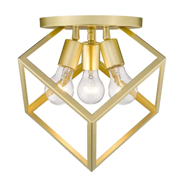 The Cassio Semi-Flush Mount delivers industrial charm with its open-frame cage design and sophisticated Olympic Gold finish. Perfect for mid-height ceilings, this versatile fixture adds glamour to any space while celebrating raw metal texture. - alternate view