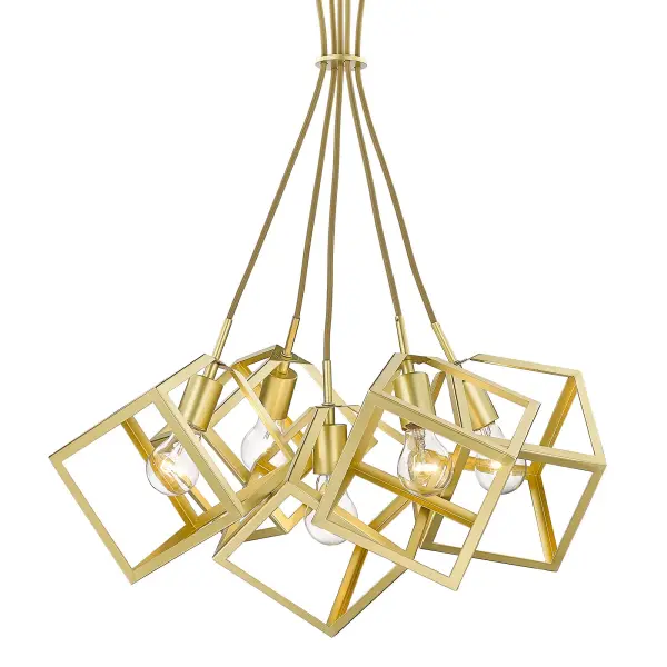 The Cassio 5-Light Chandelier combines industrial open-frame design with sophisticated Olympic Gold finish. Its exposed bulb design creates inviting ambient light while the matte gold surface adds contemporary warmth without excessive shine.