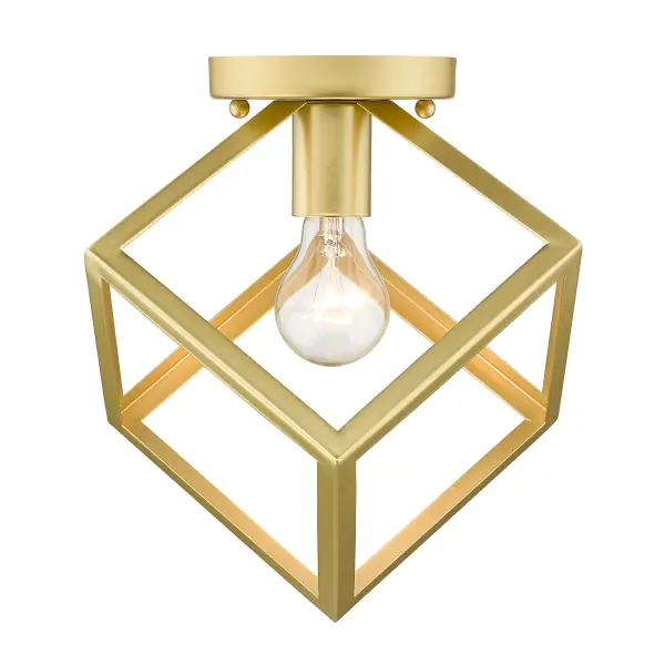 The Cassio flush mount combines industrial cage design with a sophisticated Olympic Gold finish that diffuses light beautifully. Perfect for compact spaces needing character and style. - alternate view