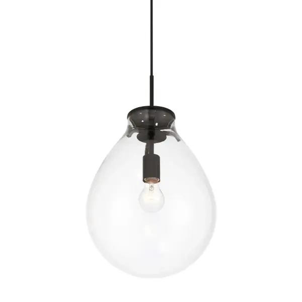 Bring modern elegance into your home with the Wry Lighting Drop 1-light Pendant in Matte Black and Clear Glass. Featuring a glass shade and a matte black frame, it creates a welcoming atmosphere. The clear glass shade allows for brilliant, unobstructed light, showcasing the beauty of the bulb with a polished finish that fits a variety of styles. The matte black finish is timeless and versatile, adding a sophisticated touch to any decor. Its clean, non-reflective surface complements minimalist, industrial, and contemporary styles. Perfect for kitchens, dining rooms, or entryways, this pendant is damp location rated, making it suitable for covered and semi-enclosed spaces. Designed to be installed safely on angled ceilings, it features adjustable height capabilities from 19.25" to 139.25". Overall dimensions of 11.75" W x 19.25" H x 11.75" D require 1 E26 Medium base bulb (not included) with a maximum wattage of 60. Embrace the beauty of modern design and quality craftsmanship with this stunning pendant light. Collection: Drop Finish: Matte Black Glass: Clear Glass Width: 11.75" Height: 19.25" Weight: 3.77 lb Extension from Wall: 11.75" Canopy: 4.75"W x 4.75"H x 1"D Number of Bulbs: 1 Maximum Wattage: 60.00 W Bulb Type: A19 Bulb Base: E26 Light Source: Incandescent Dimmable Voltage: 120.00 V Country of Origin: China Safety Listing: ETL Manufacturer Warranty: 1 Year Limited