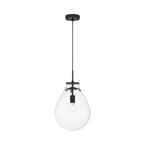 Bring modern elegance into your home with the Wry Lighting Drop 1-light Pendant in Matte Black and Clear Glass. Featuring a glass shade and a matte black frame, it creates a welcoming atmosphere. The clear glass shade allows for brilliant, unobstructed light, showcasing the beauty of the bulb with a polished finish that fits a variety of styles. The matte black finish is timeless and versatile, adding a sophisticated touch to any decor. Its clean, non-reflective surface complements minimalist, industrial, and contemporary styles. Perfect for kitchens, dining rooms, or entryways, this pendant is damp location rated, making it suitable for covered and semi-enclosed spaces. Designed to be installed safely on angled ceilings, it features adjustable height capabilities from 19.25" to 139.25". Overall dimensions of 11.75" W x 19.25" H x 11.75" D require 1 E26 Medium base bulb (not included) with a maximum wattage of 60. Embrace the beauty of modern design and quality craftsmanship with this stunning pendant light. Collection: Drop Finish: Matte Black Glass: Clear Glass Width: 11.75" Height: 19.25" Weight: 3.77 lb Extension from Wall: 11.75" Canopy: 4.75"W x 4.75"H x 1"D Number of Bulbs: 1 Maximum Wattage: 60.00 W Bulb Type: A19 Bulb Base: E26 Light Source: Incandescent Dimmable Voltage: 120.00 V Country of Origin: China Safety Listing: ETL Manufacturer Warranty: 1 Year Limited - alternate view