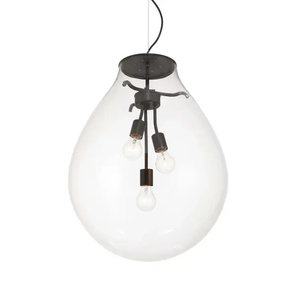 Bring modern elegance into your home with the Wry Lighting Drop 3-light Pendant in Matte Black and Clear Glass. Featuring a clear glass shade and a matte black frame, it creates a welcoming atmosphere. The clear glass shade features completely transparent glass with a polished, glossy finish, offering brilliant, unobstructed light that beautifully showcases the bulb. The matte black finish is both timeless and versatile, absorbing light for a soft, sophisticated look that complements a variety of decor. Perfect for kitchens, dining rooms, and entryways, this pendant is Damp Location Rated, making it suitable for covered or semi-enclosed spaces. It is designed for sloped ceiling installation and features an adjustable height ranging from 25.75" to 145.75". Overall dimensions are 18.88"W x 25"H x 18.88"D, and it requires 3 E26 Medium base bulbs (not included), with a maximum wattage of 60 per bulb. Illuminate your space with this stunning blend of style and function, crafted with quality materials for lasting appeal. Collection: Drop Finish: Matte Black Glass: Clear Glass Width: 18.88" Height: 25.00" Weight: 9.43 lb Extension from Wall: 18.88" Canopy: 4.75"W x 4.75"H x 1"D Number of Bulbs: 3 Maximum Wattage: 60.00 W Bulb Type: A19 Bulb Base: E26 Light Source: Incandescent Dimmable Voltage: 120.00 V Country of Origin: China Safety Listing: ETL Manufacturer Warranty: 1 Year Limited