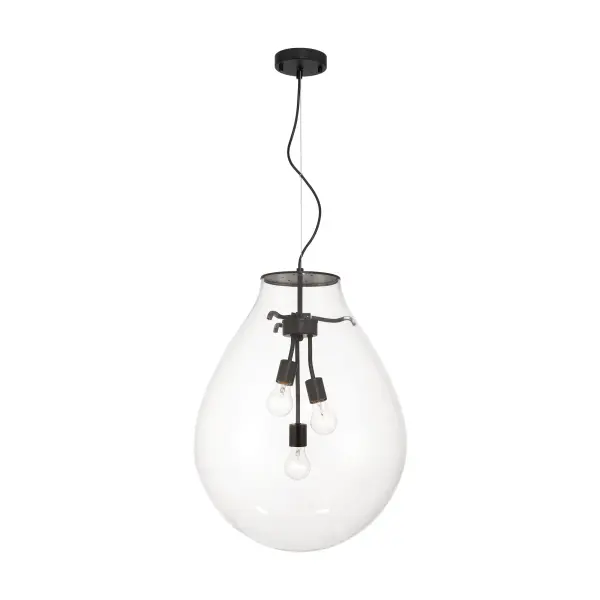 Bring modern elegance into your home with the Wry Lighting Drop 3-light Pendant in Matte Black and Clear Glass. Featuring a clear glass shade and a matte black frame, it creates a welcoming atmosphere. The clear glass shade features completely transparent glass with a polished, glossy finish, offering brilliant, unobstructed light that beautifully showcases the bulb. The matte black finish is both timeless and versatile, absorbing light for a soft, sophisticated look that complements a variety of decor. Perfect for kitchens, dining rooms, and entryways, this pendant is Damp Location Rated, making it suitable for covered or semi-enclosed spaces. It is designed for sloped ceiling installation and features an adjustable height ranging from 25.75" to 145.75". Overall dimensions are 18.88"W x 25"H x 18.88"D, and it requires 3 E26 Medium base bulbs (not included), with a maximum wattage of 60 per bulb. Illuminate your space with this stunning blend of style and function, crafted with quality materials for lasting appeal. Collection: Drop Finish: Matte Black Glass: Clear Glass Width: 18.88" Height: 25.00" Weight: 9.43 lb Extension from Wall: 18.88" Canopy: 4.75"W x 4.75"H x 1"D Number of Bulbs: 3 Maximum Wattage: 60.00 W Bulb Type: A19 Bulb Base: E26 Light Source: Incandescent Dimmable Voltage: 120.00 V Country of Origin: China Safety Listing: ETL Manufacturer Warranty: 1 Year Limited - alternate view