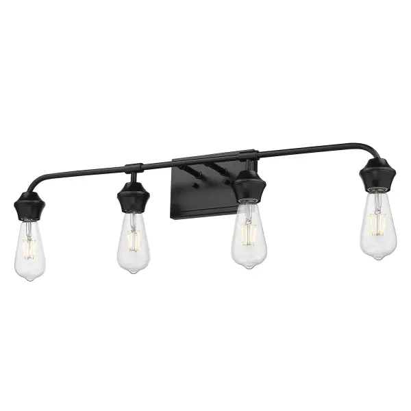 The Ormond 4-light vanity brings industrial sophistication to bathroom spaces with its robust matte black design. Damp-rated for moisture-prone areas, this 31.5-inch fixture provides ample illumination while serving as a striking statement piece.