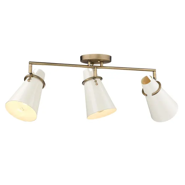 The Reeva 3-light semi-flush mount combines mid-century modern aesthetics with practical adjustable directional heads. Its warm Modern Brass finish and creamy Glossy Ecru shades create an inviting ambiance while the damp rating extends placement options.