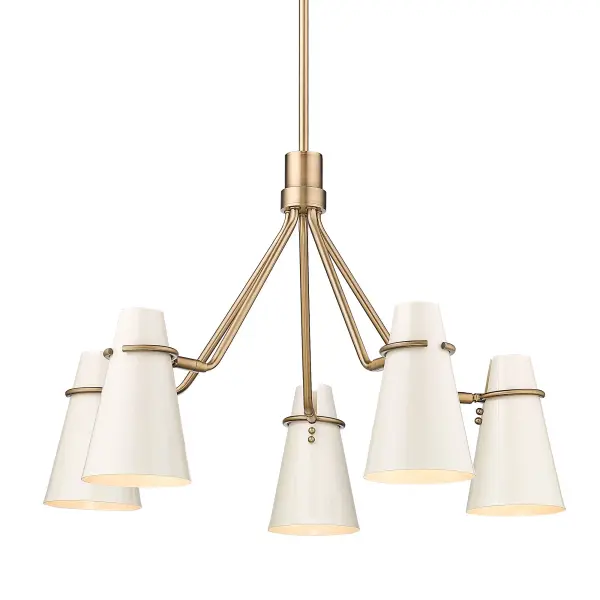 The Reeva 5-light chandelier combines timeless elegance with modern sophistication. Its warm Modern Brass finish and high-gloss Ecru metal shades create beautiful light reflection, making it a versatile statement piece for both contemporary and traditional interiors.