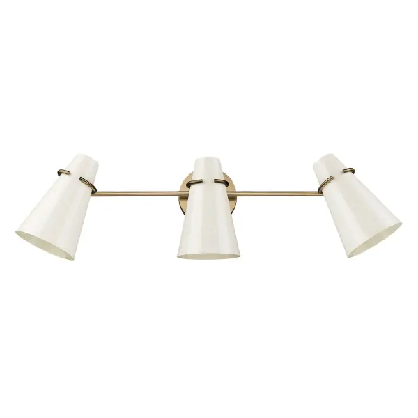 The Reeva 3-light vanity combines mid-century modern elegance with practical functionality. Its Modern Brass finish and Glossy Ecru shades create a warm, sophisticated atmosphere while adjustable heads allow customized lighting direction.