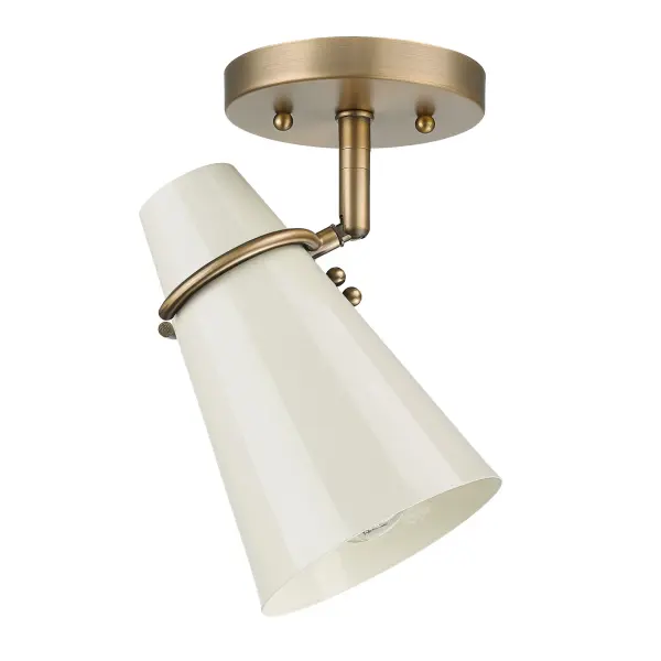 Introduce mid-century modern charm into your home with the Golden Lighting Reeva 1-light Semi-Flush Mount. Featuring a Glossy Ecru shade accompanied by a Modern Brass frame, this fixture creates an inviting atmosphere. The Glossy Ecru metal shade provides a warm, creamy off-white hue, reflecting light and adding a sophisticated touch to any room. Our Modern Brass finish enhances this vintage-inspired look, striking a balance between elegance and contemporary style. This versatile semi-flush mount is suitable for entryways, bedrooms, kitchens, and living areas, and it's damp location rated for spaces with occasional moisture. With adjustable directional heads, you can customize your lighting to focus on key areas or objects seamlessly. Overall dimensions are 7"W x 10.5"H x 5.13"D, requiring one E26 Medium base bulb (not included), max 100 wattages. Add a touch of sophisticated warmth to your interiors with this decorative and functional piece. - alternate view