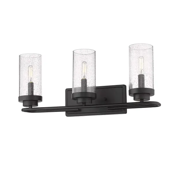 The Holden 3-Light Vanity combines contemporary design with artisanal character through its seeded glass shades and matte black finish. Perfect for bathrooms needing both practical illumination and sophisticated style.
