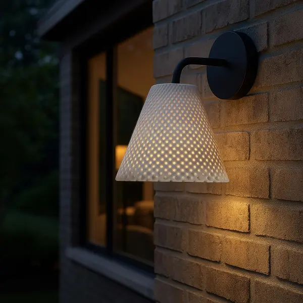 The Clarus LED Wall Sconce combines modern minimalist design with durable outdoor performance. Its white sandstone cement shade and matte black frame create sophisticated contrast, while integrated LED technology delivers energy-efficient illumination with 3CCT temperature selection. - alternate view
