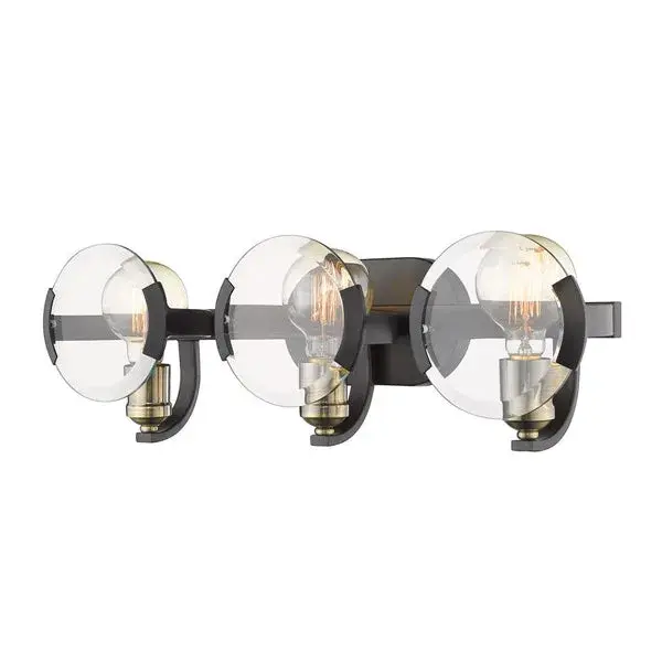 The Amari 3-light vanity combines matte black steel with clear glass shades for a versatile fixture that works across multiple design styles. Its 22.5-inch width makes it ideal for standard bathroom vanities.