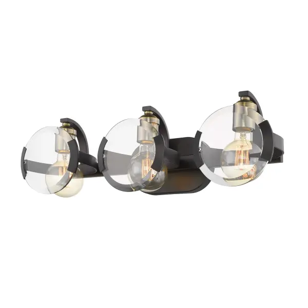 The Amari 3-light vanity combines matte black steel with clear glass shades for a versatile fixture that works across multiple design styles. Its 22.5-inch width makes it ideal for standard bathroom vanities. - alternate view