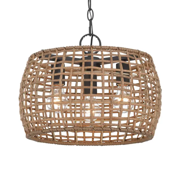 Bring boho elegance into your home with the Wry Lighting Weavelight 3-light Pendant in Natural Black. Featuring a wicker shade and a natural black frame, it creates a welcoming atmosphere. The maple all-weather wicker shade showcases a warm, honey-brown color with natural variations, expertly woven into an open-weave pattern for a rustic, airy look. This charming shade adds a touch of coastal, bohemian appeal to your space while delivering a beautiful interplay of light and shadow for an organic texture. The natural black finish offers a softer take on classic black, featuring a chalky, non-reflective matte surface reminiscent of raw iron, perfectly complementing various styles from modern farmhouse to industrial. Ideal for kitchens, dining rooms, or bedrooms, the dry location rating makes it perfect for indoor spaces not subject to moisture. The sloped-ceiling compatibility allows for easy installation on angled ceilings, with an adjustable height ranging from 15.5" to 89". Overall dimensions of 16"W x 12.13"H x 16"D, this fixture requires three E26 medium base bulbs (not included) with a maximum wattage of 100 per bulb. Elevate your space with this stylish piece that promises quality and timeless appeal. Collection: Weavelight Finish: Natural Black Glass: Maple All-Weather Wicker Width: 16.00" Height: 12.13" Weight: 6.49 lb Extension from Wall: 16.00" Canopy: 4.75"W x 4.75"H x 0.75"D Number of Bulbs: 3 Maximum Wattage: 100.00 W Bulb Type: A19 Bulb Base: E26 Light Source: Incandescent Dimmable Voltage: 120.00 V Country of Origin: China Safety Listing: ETL Manufacturer Warranty: 1 Year Limited